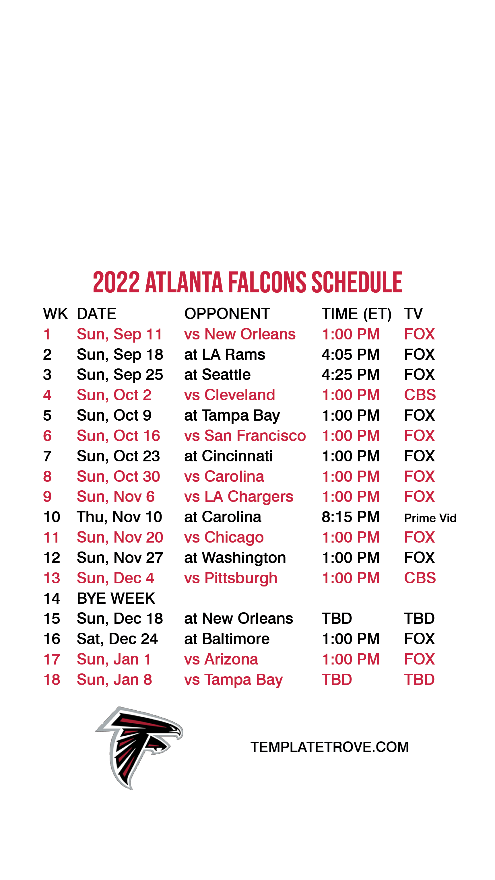 give me the falcons schedule