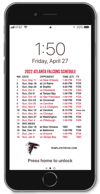 2022 Atlanta Falcons Lock Screen Schedule