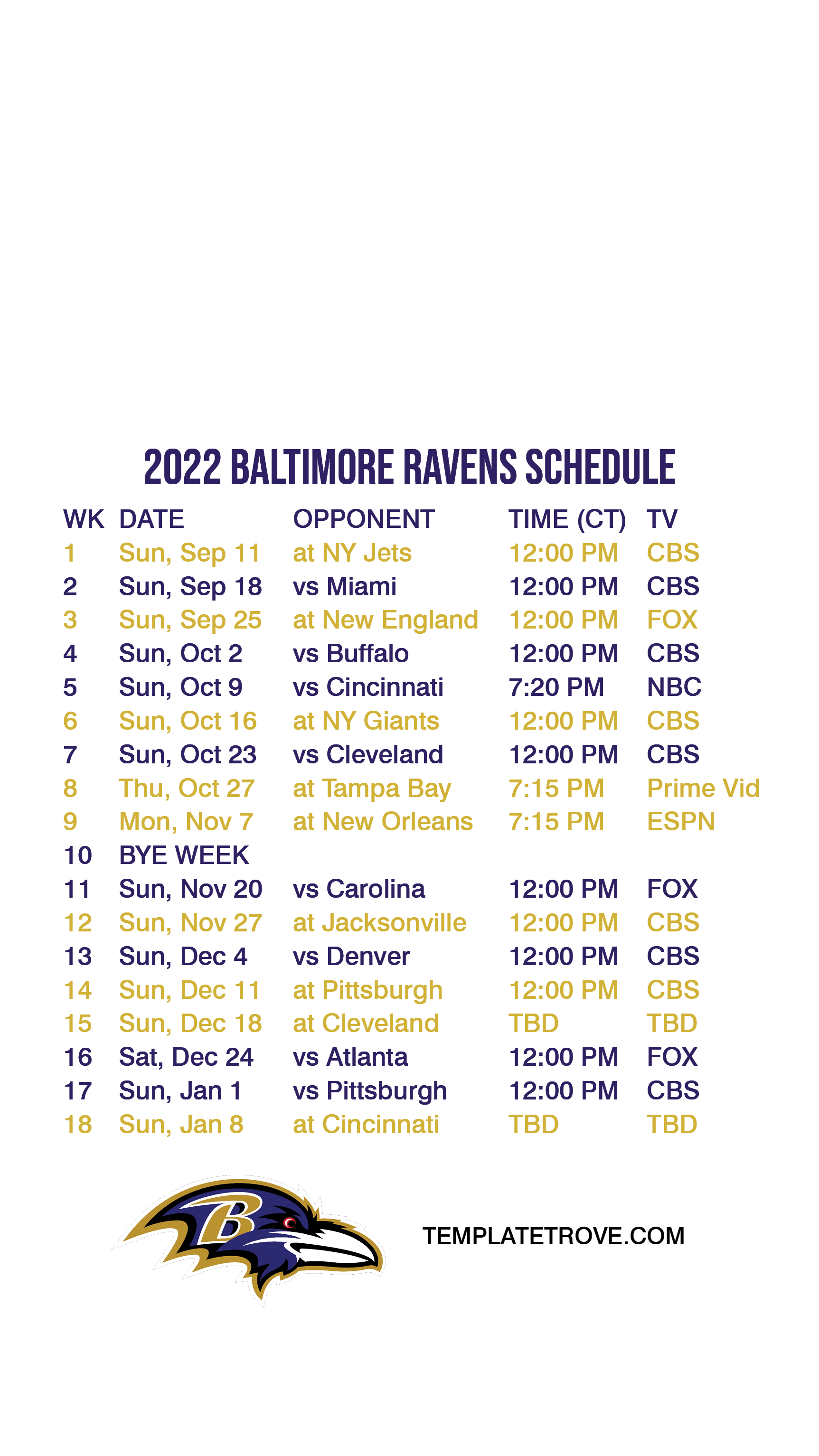 2022-2023 Baltimore Ravens Lock Screen Schedule for iPhone 6-7-8 Plus