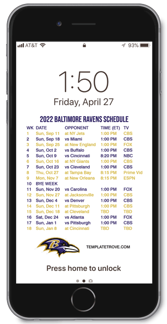 2022 Baltimore Ravens Lock Screen Schedule