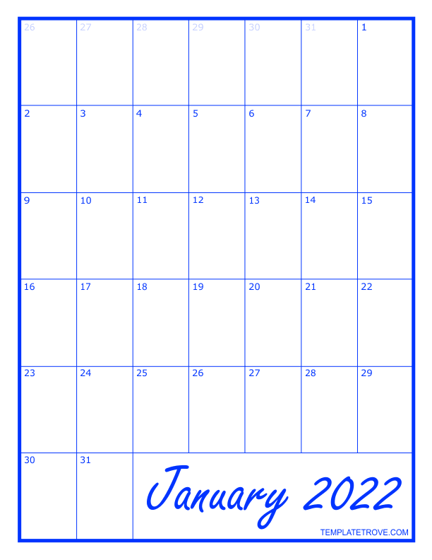 Print Blank Monthly Calendar Printable 2022