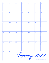 2022 Blank Monthly Calendar - Blue