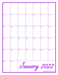 2022 Blank Monthly Calendar - Purple