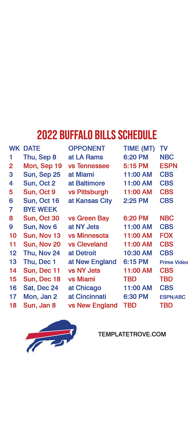 buffalo nfl schedule 2022