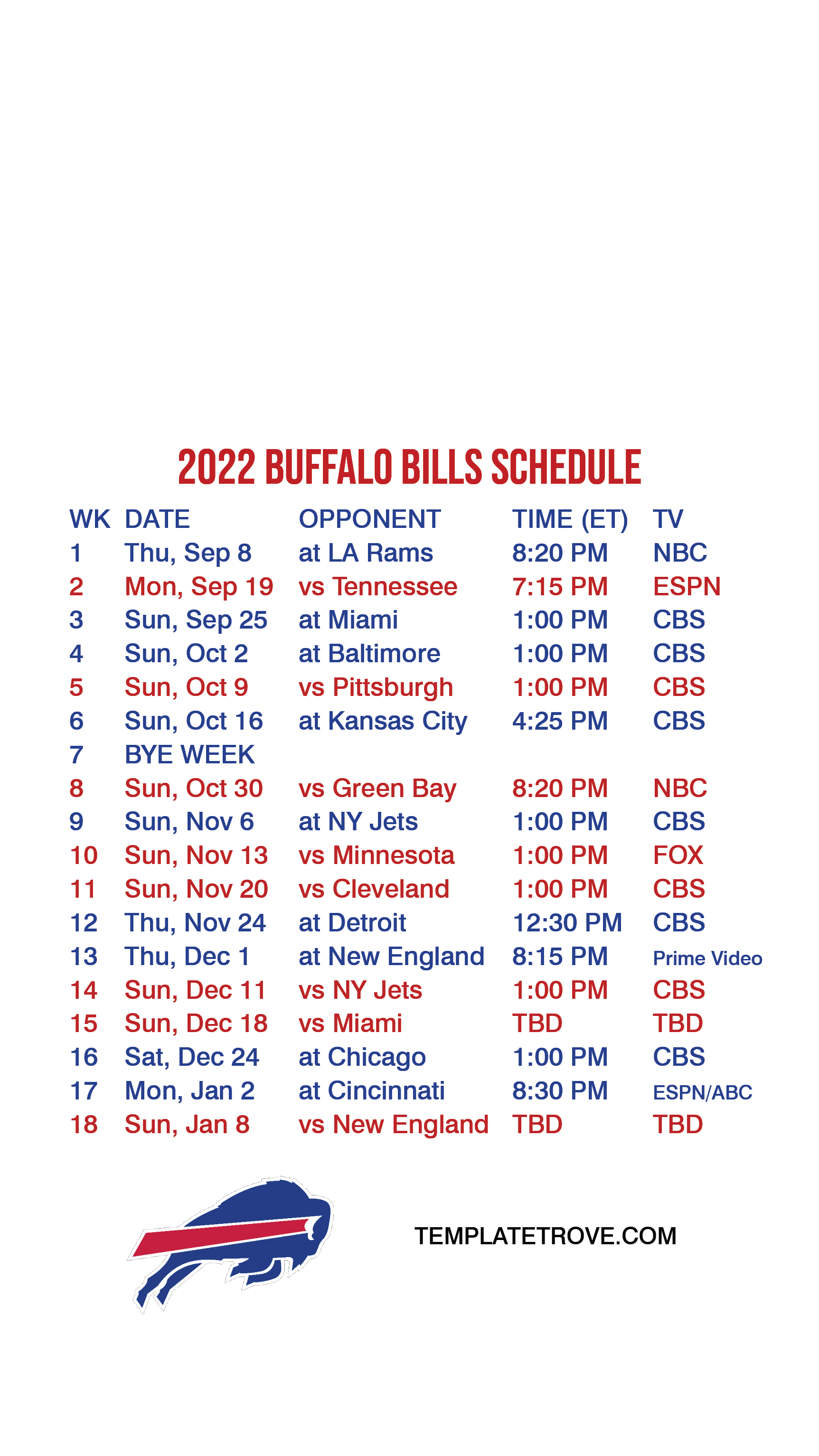 buffalo bills schedule next year
