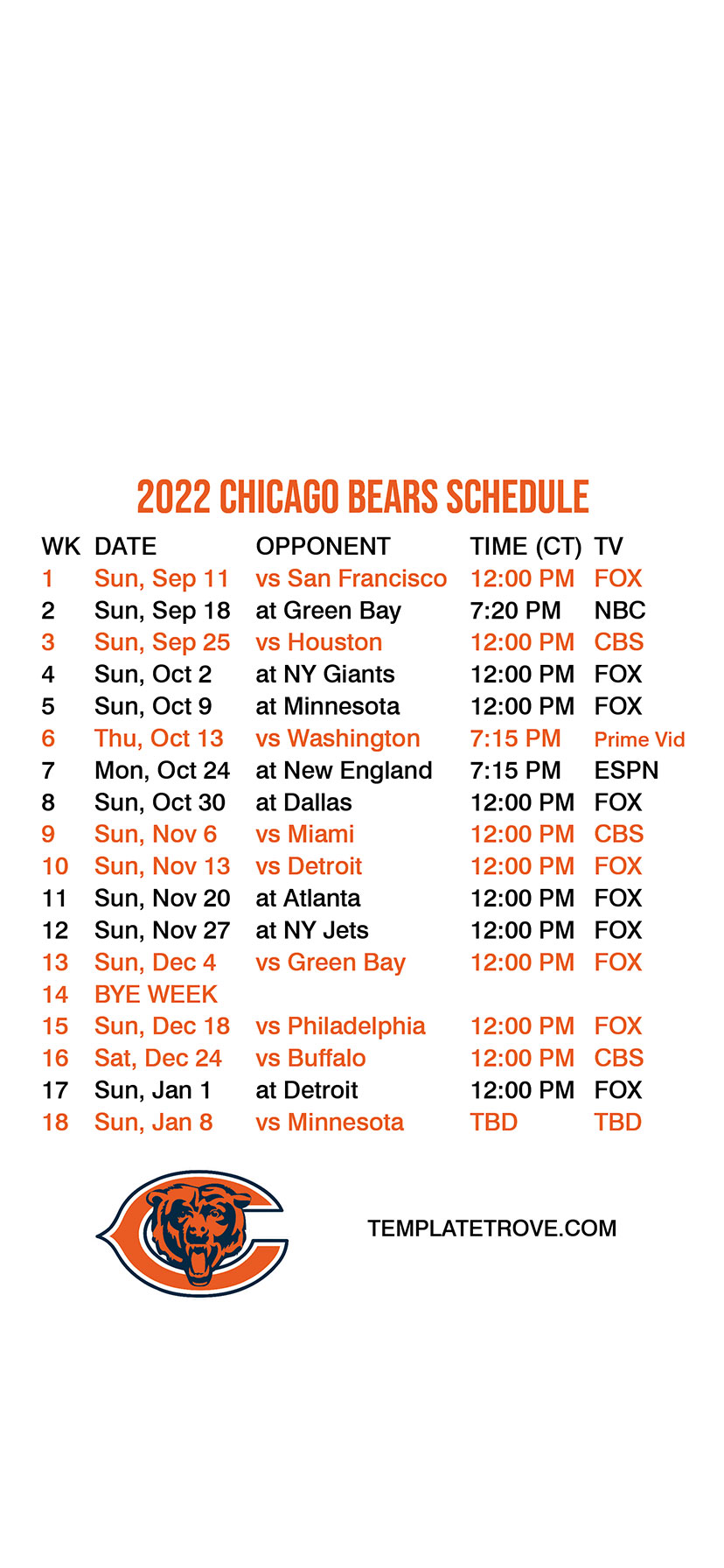 2022-2023 Chicago Bears Lock Screen Schedule for iPhone 6-7-8 Plus