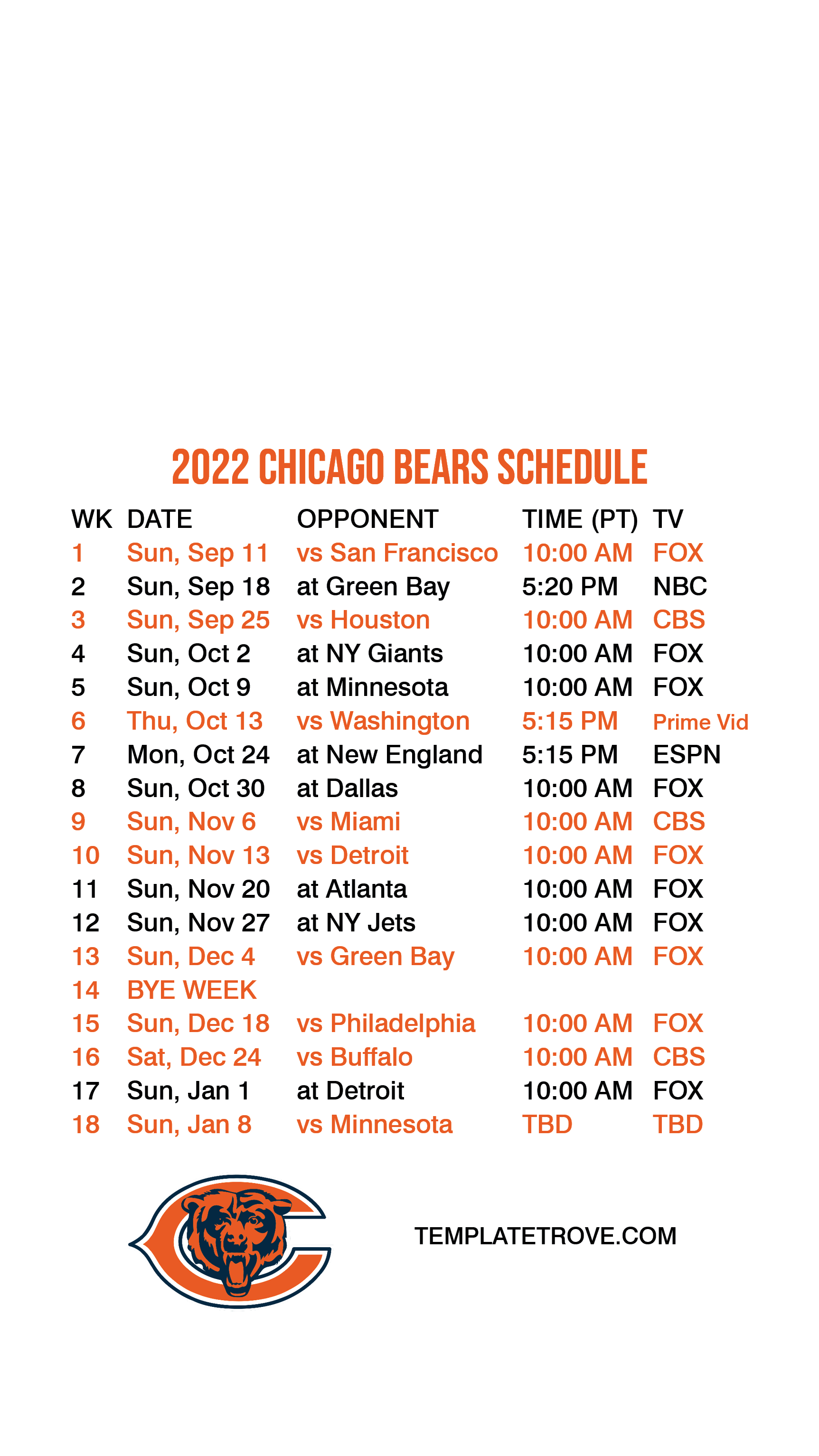 chicago bears 2022 tv schedule
