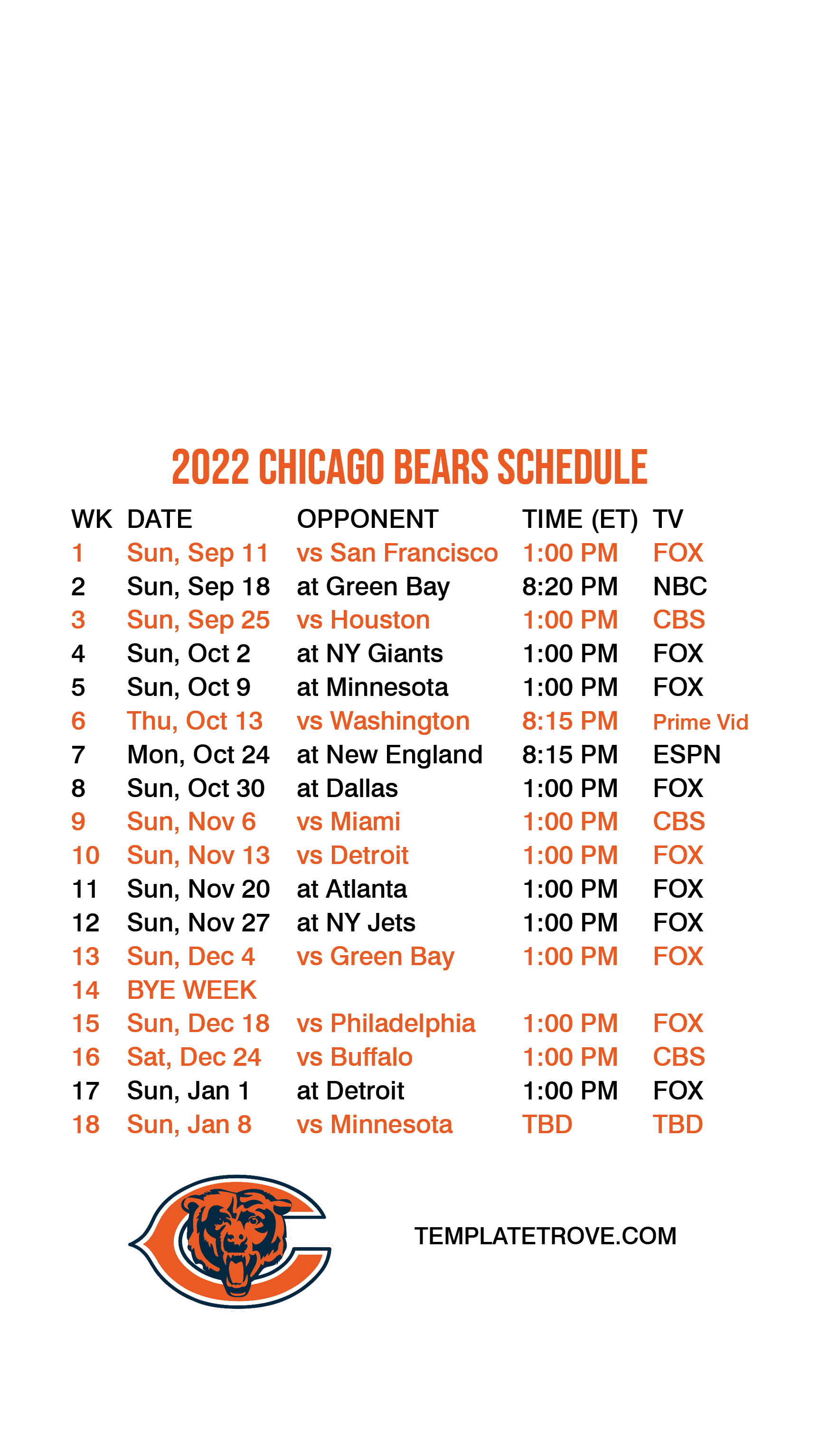 2023 Chicago Bears Schedule 2023 Calendar