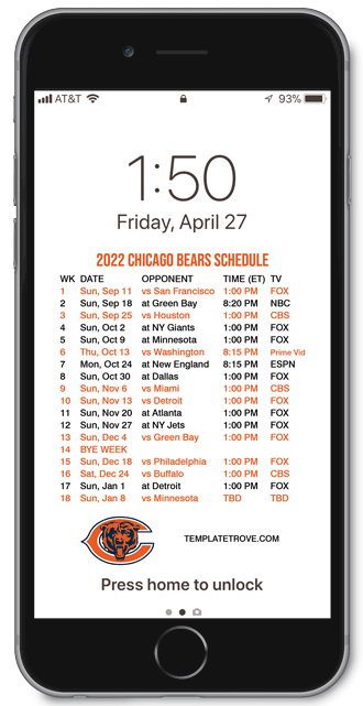 2022 Chicago Bears Lock Screen Schedule