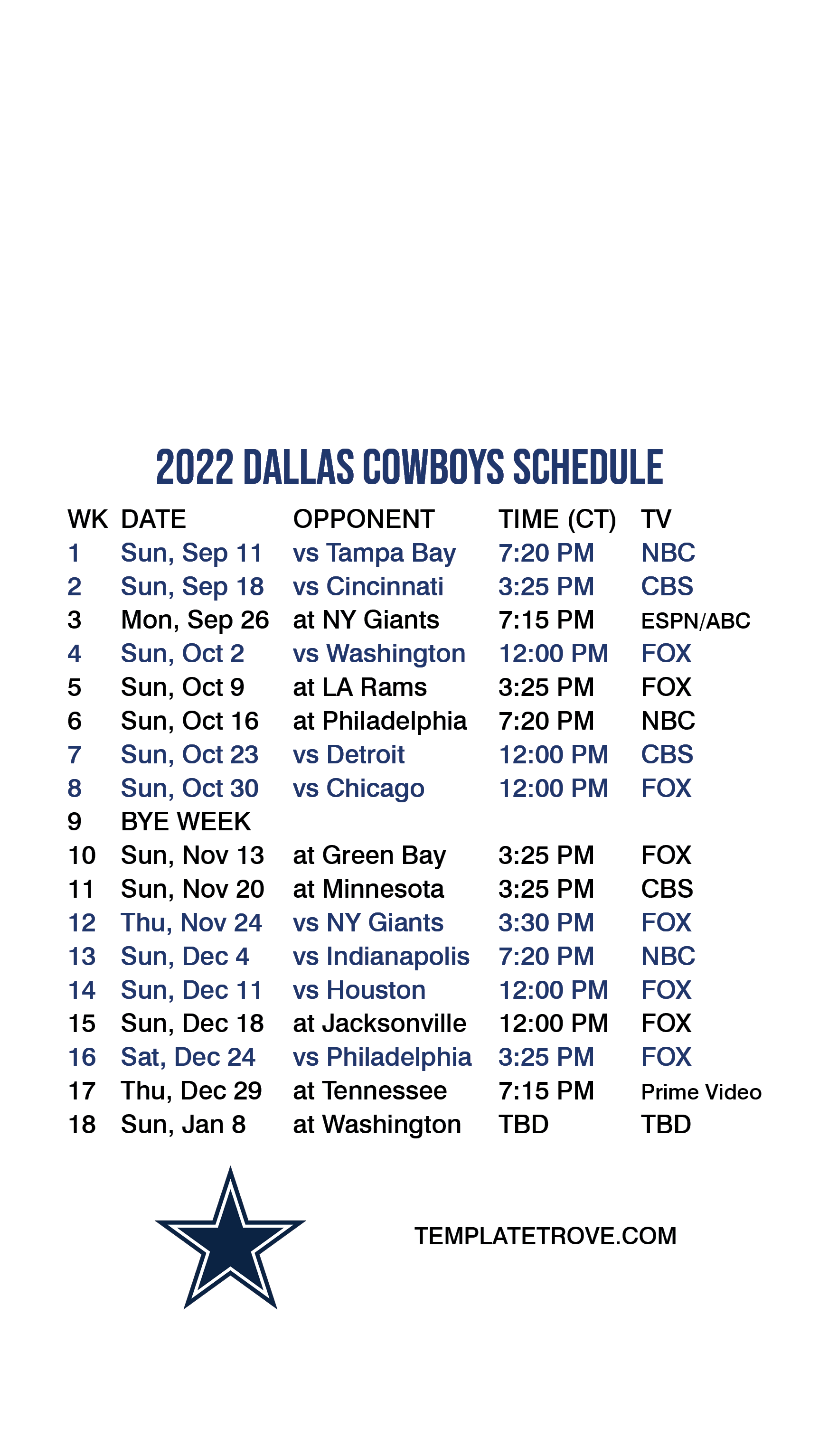 2022-2023 Dallas Cowboys Lock Screen Schedule for iPhone 6-7-8 Plus
