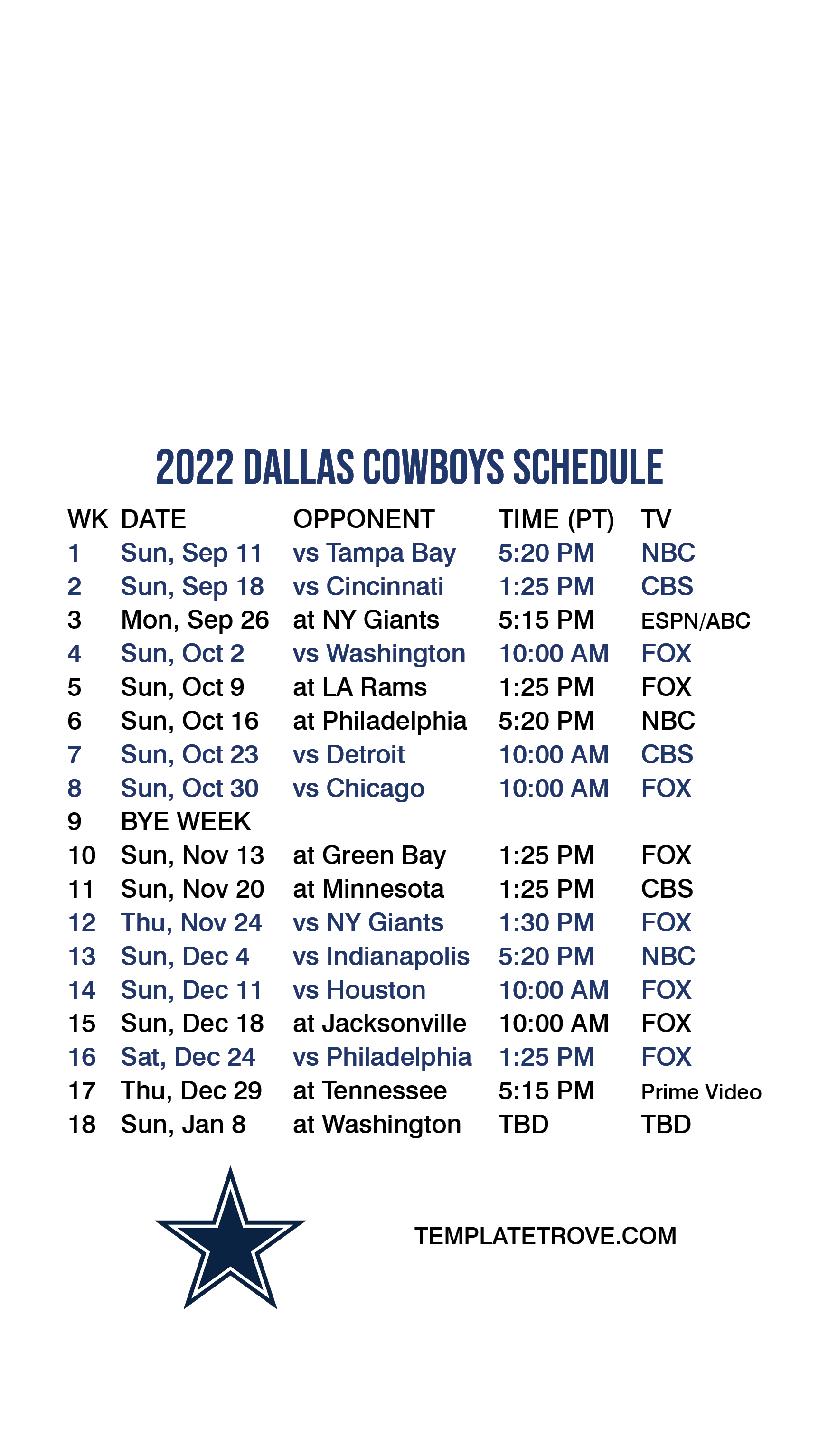 Dallas Cowboys Schedule 2022 To 2023 Printable
