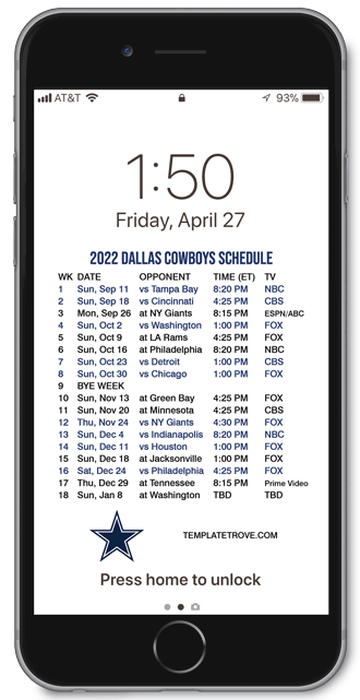 2022 Dallas Cowboys Lock Screen Schedule