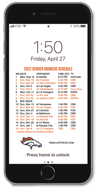 2022 Denver Broncos Lock Screen Schedule