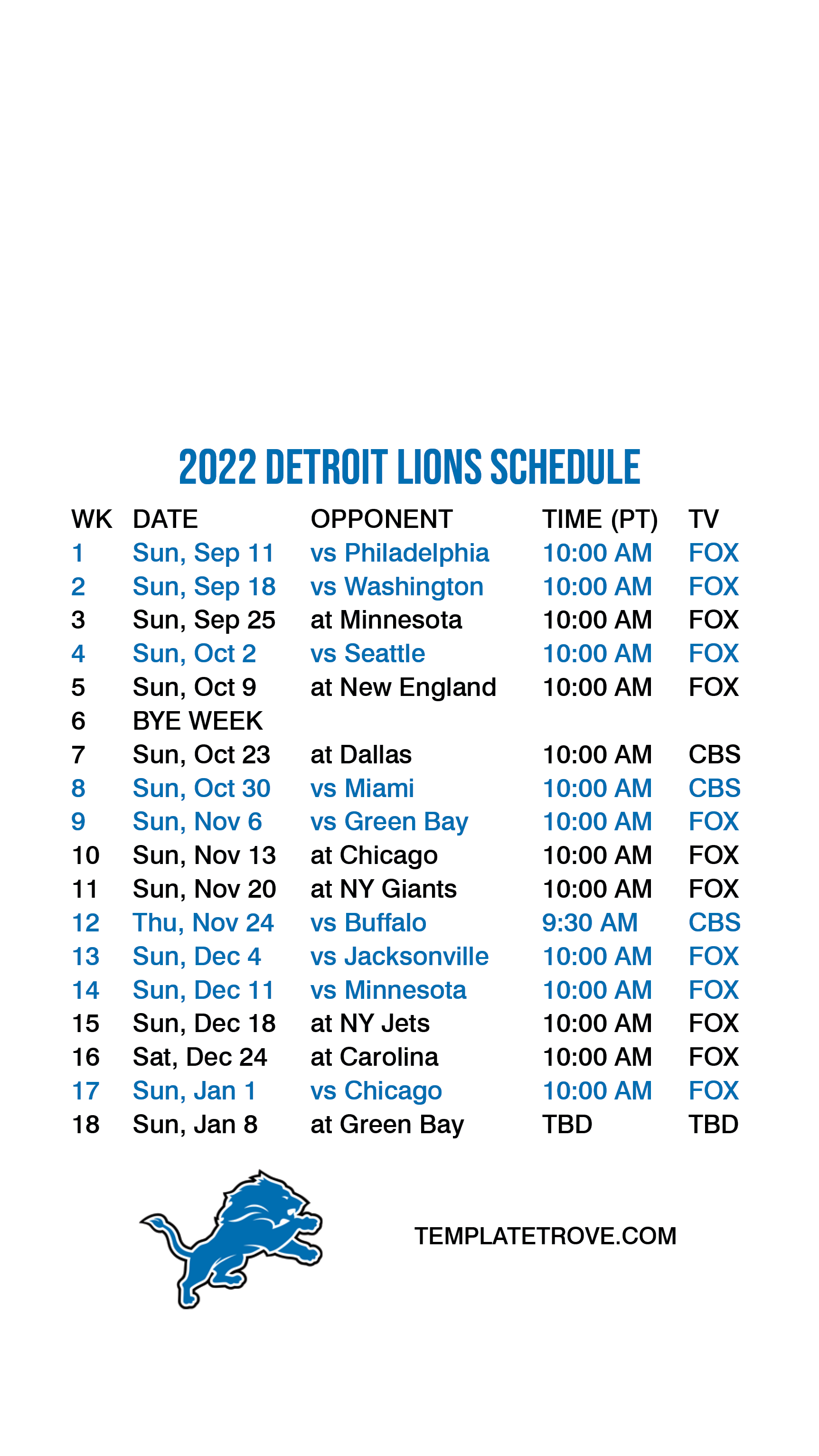 2022-2023 Detroit Lions Lock Screen Schedule for iPhone 6-7-8 Plus
