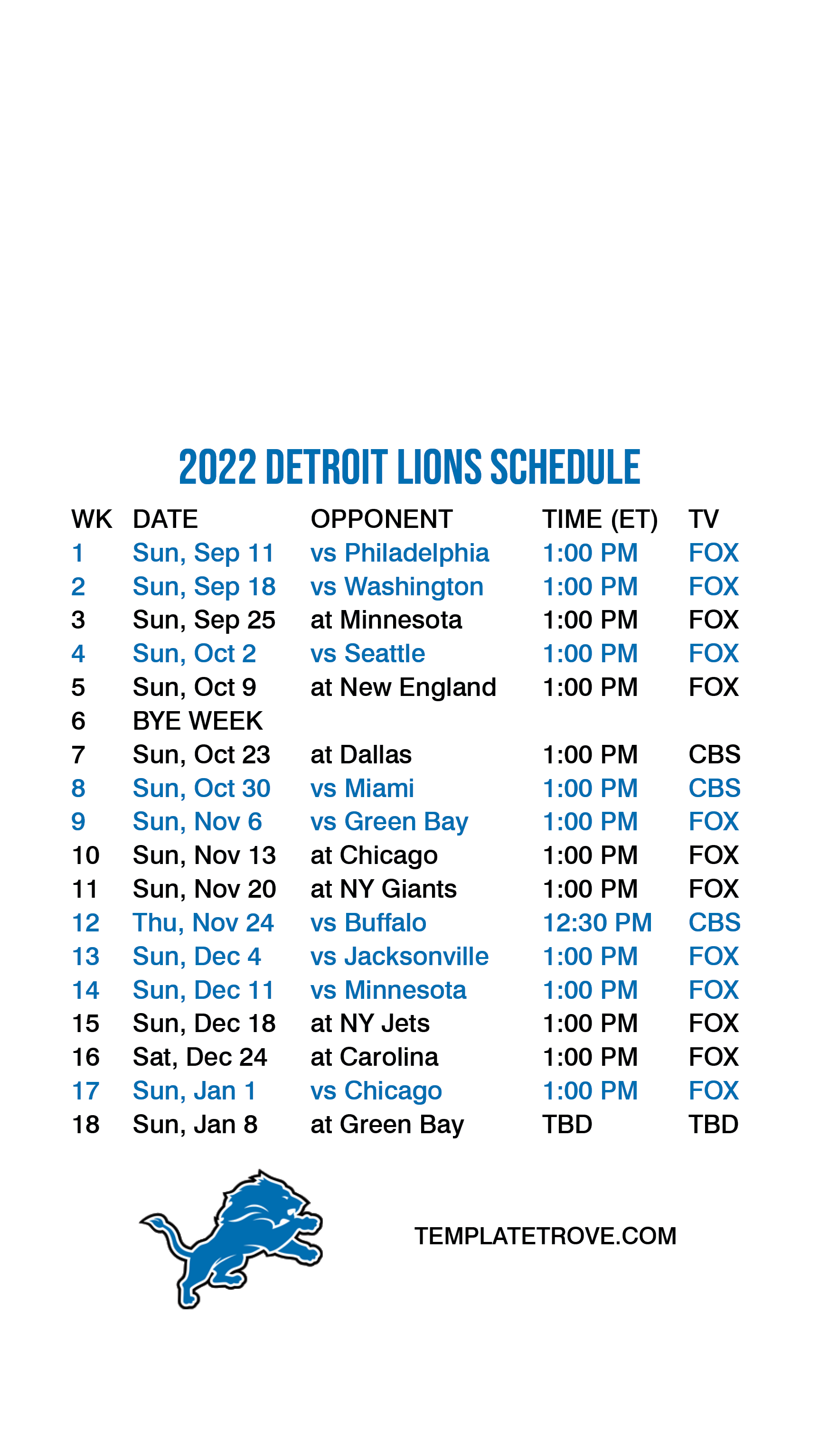 Detroit Lions 2022 Schedule Printable