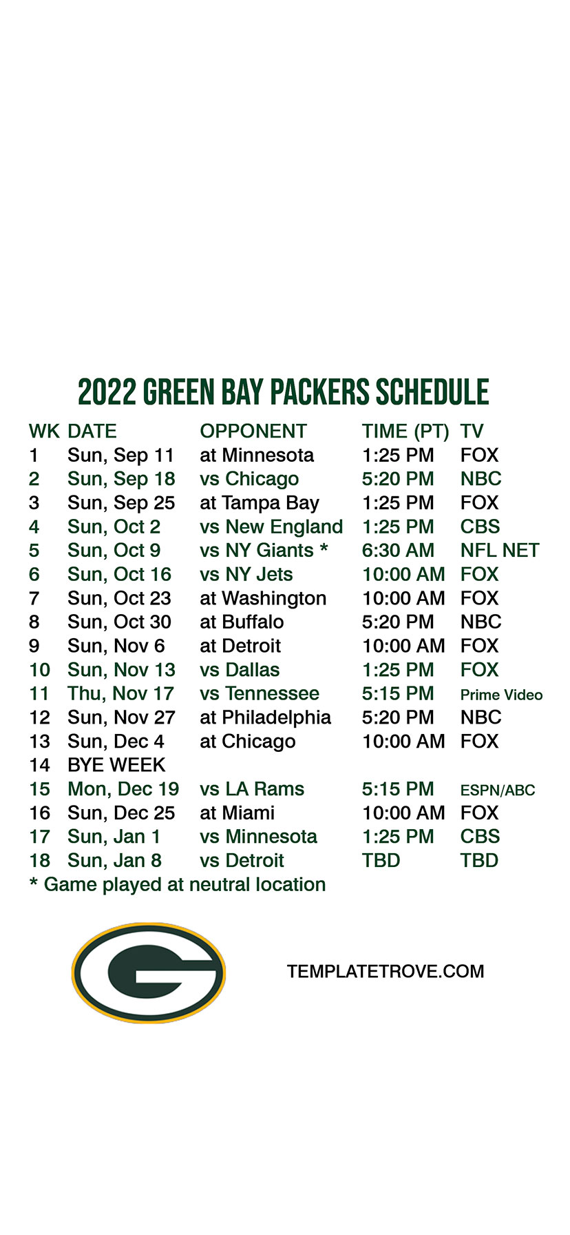 2022-2023 Green Bay Packers Lock Screen Schedule for iPhone 6-7-8 Plus