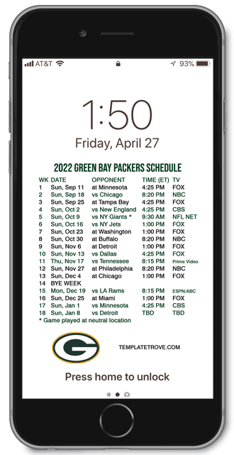 2022 Green Bay Packers Lock Screen Schedule