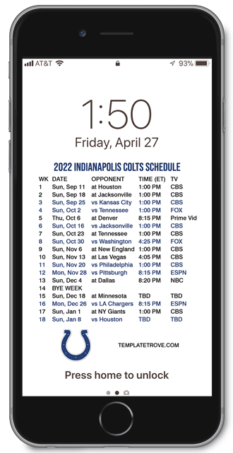 2022 Indianapolis Colts Lock Screen Schedule