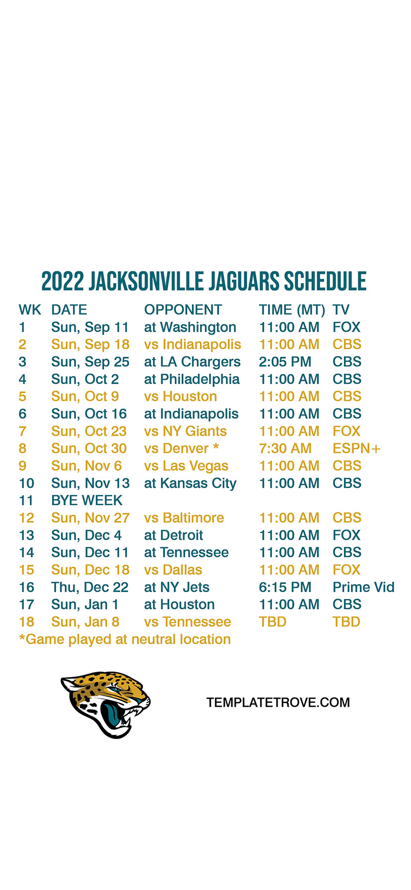 Jaguars Schedule 2022 Printable - Printable World Holiday