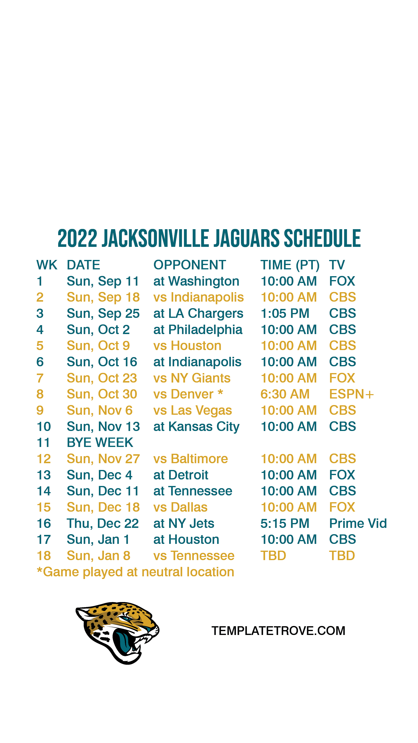 2022-2023 Jacksonville Jaguars Lock Screen Schedule for iPhone 6-7-8 Plus