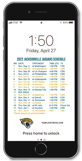 2022 Jacksonville Jaguars Lock Screen Schedule