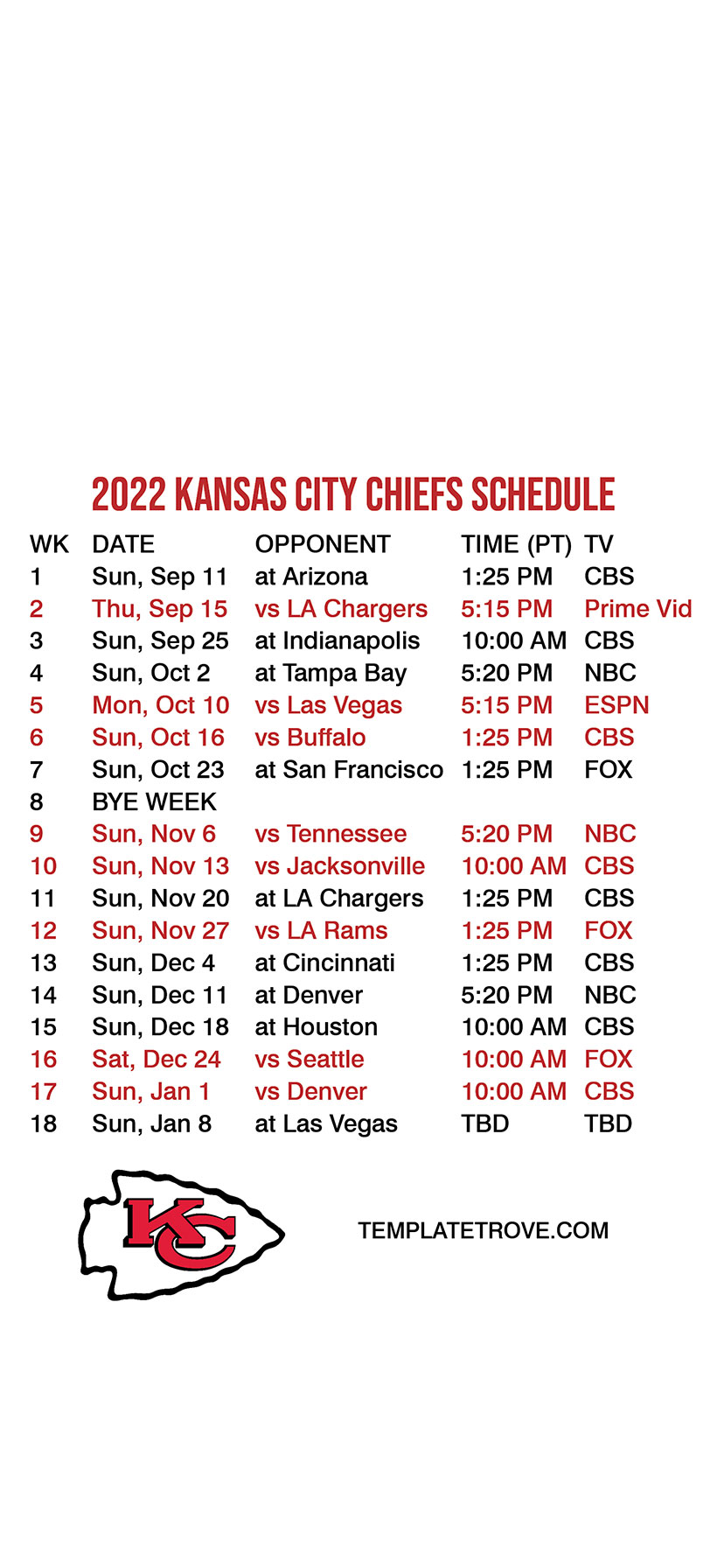 2022-2023 Kansas City Chiefs Lock Screen Schedule for iPhone 6-7-8 Plus