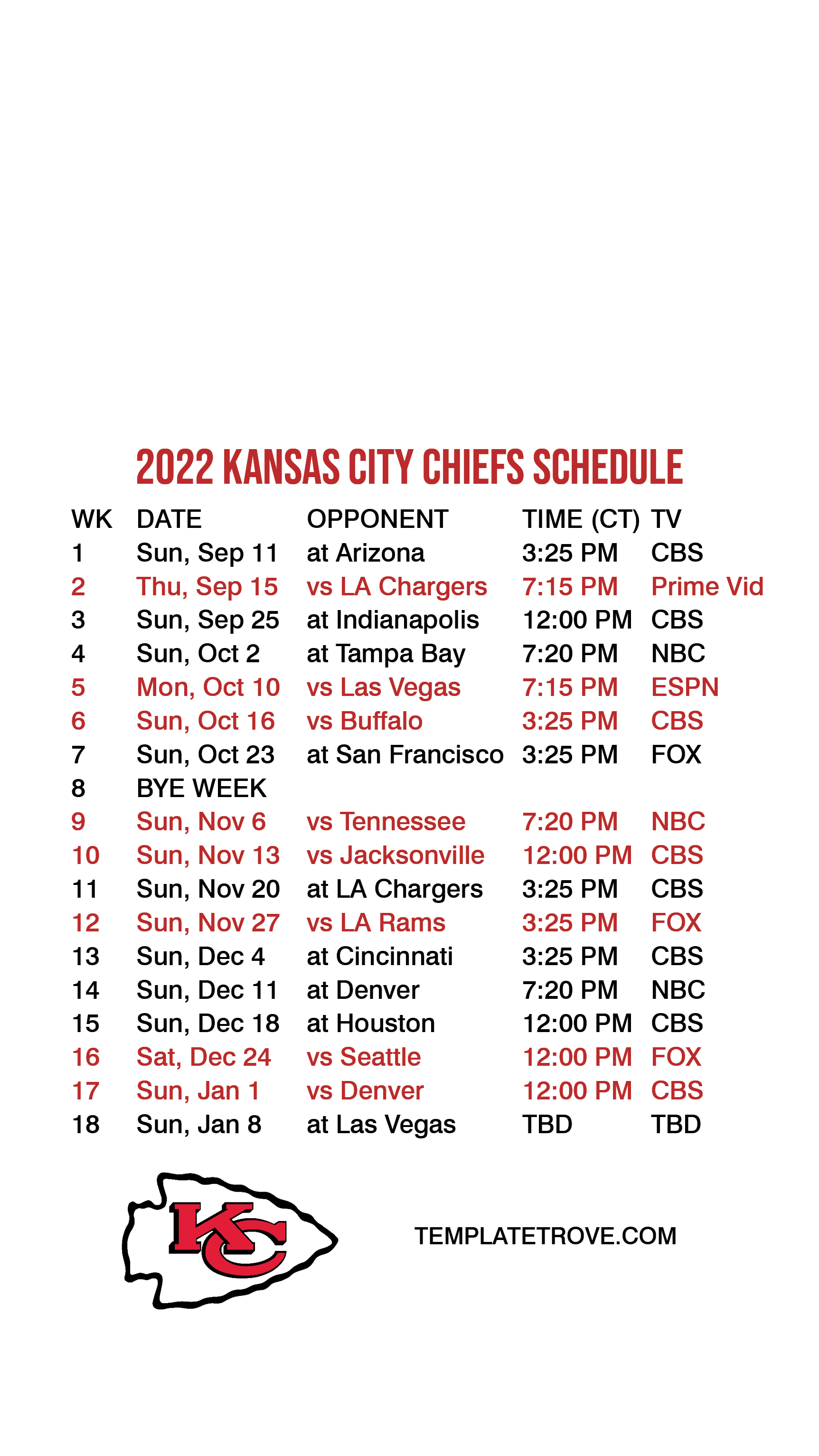 2022-2023 Kansas City Chiefs Lock Screen Schedule for iPhone 6-7-8