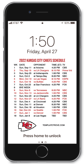 2022 Kansas City Chiefs Lock Screen Schedule