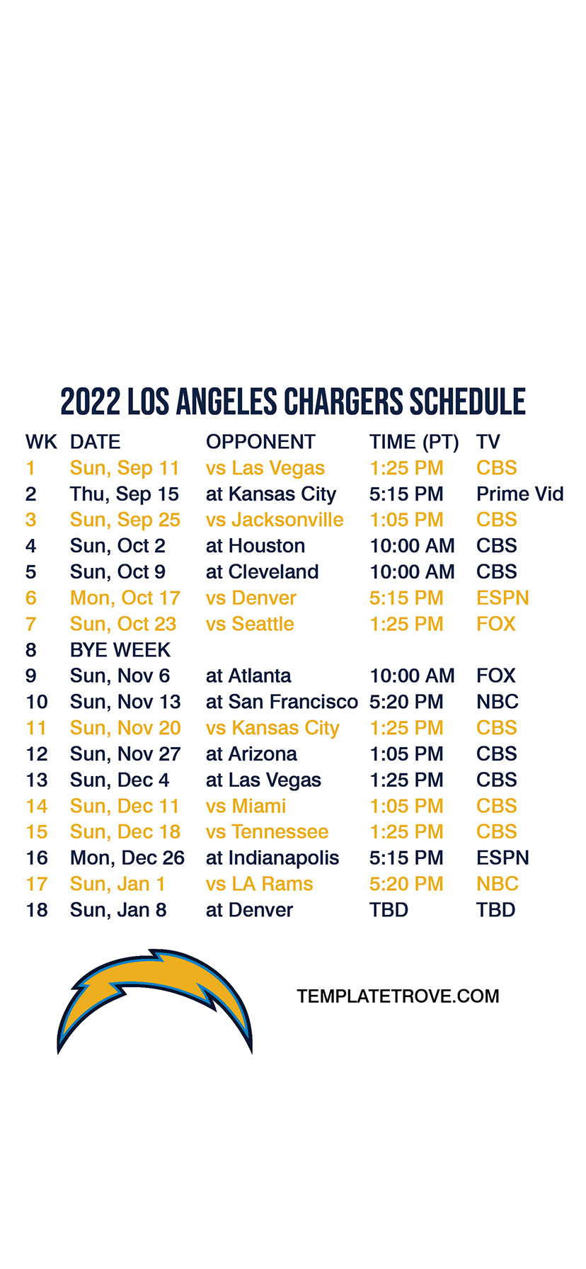 chargers home schedule 2022