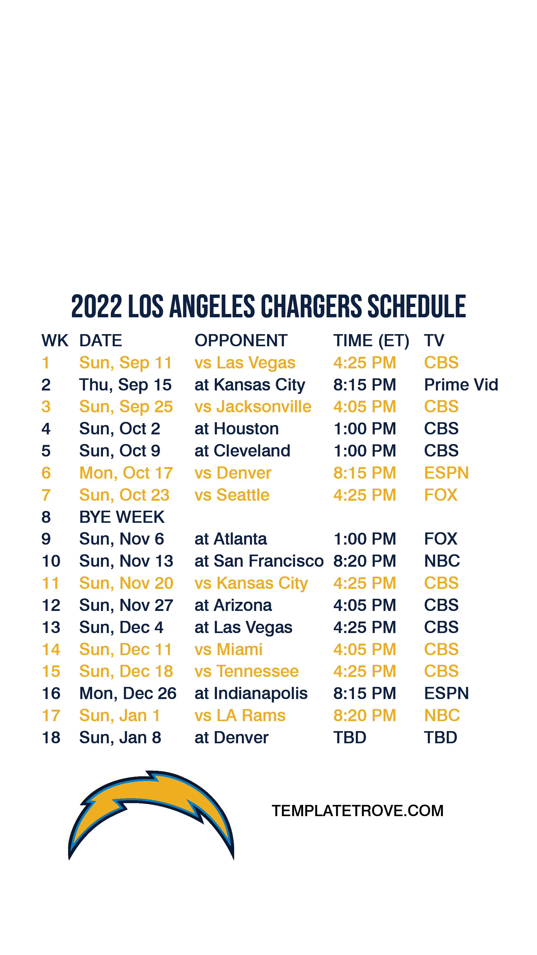 20222023 Los Angeles Chargers Lock Screen Schedule for iPhone 678 Plus