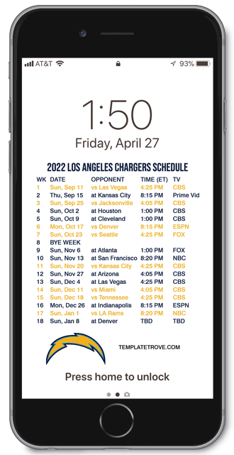 2022 Los Angeles Chargers Lock Screen Schedule