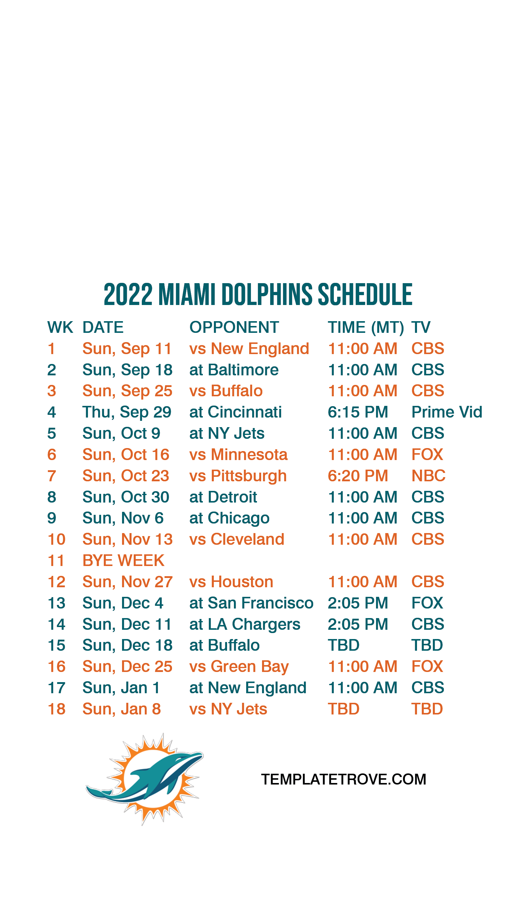 2022-2023 Miami Dolphins Lock Screen Schedule for iPhone 6-7-8 Plus