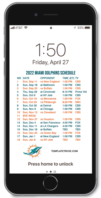 2022 Miami Dolphins Lock Screen Schedule