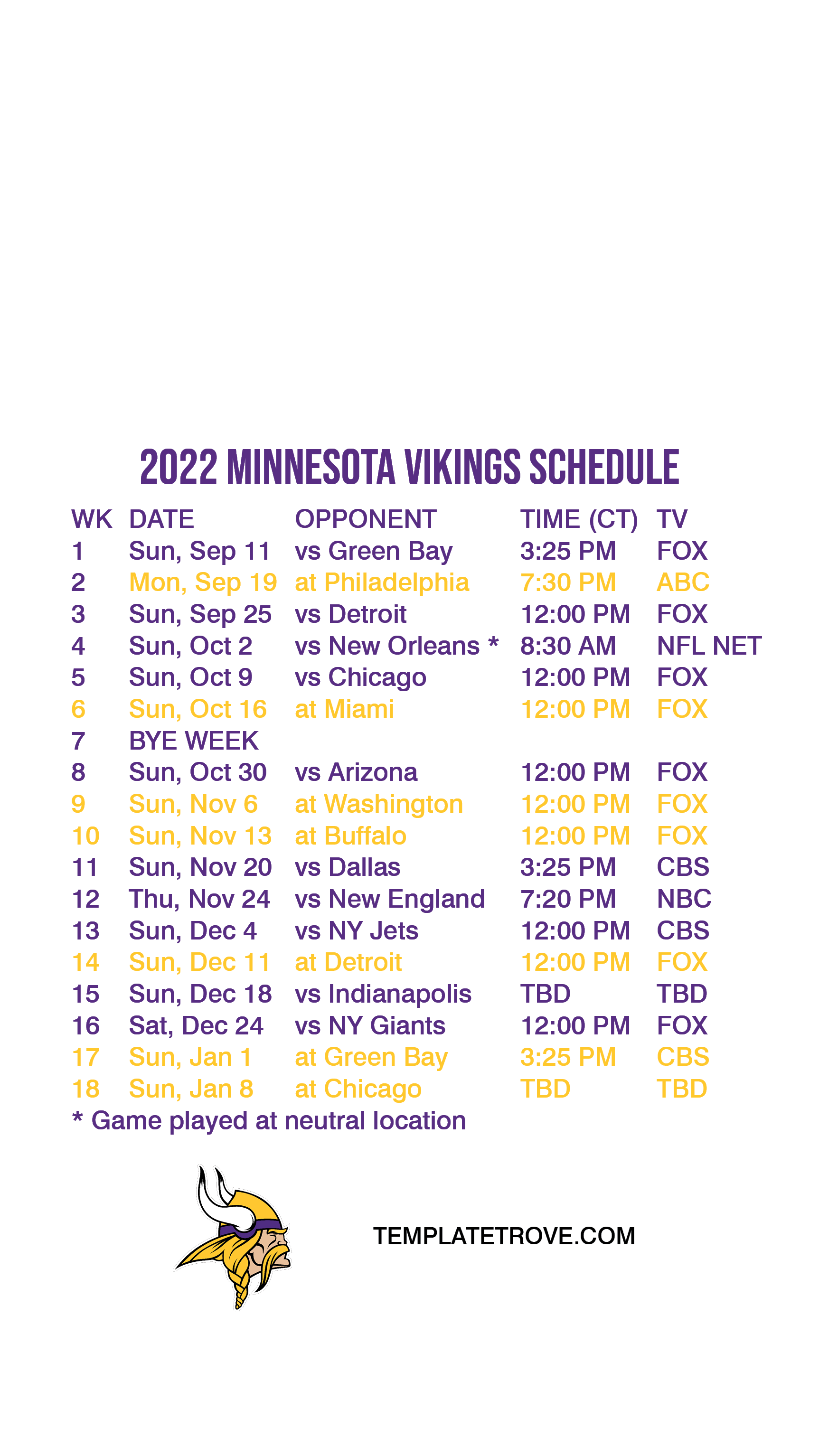 minnesota vikings game schedule 2022