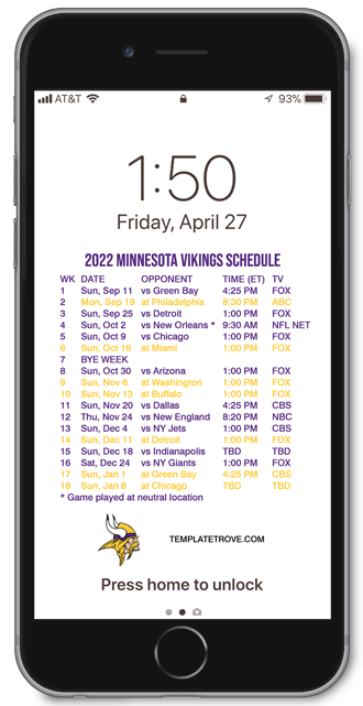 2022 Minnesota Vikings Lock Screen Schedule