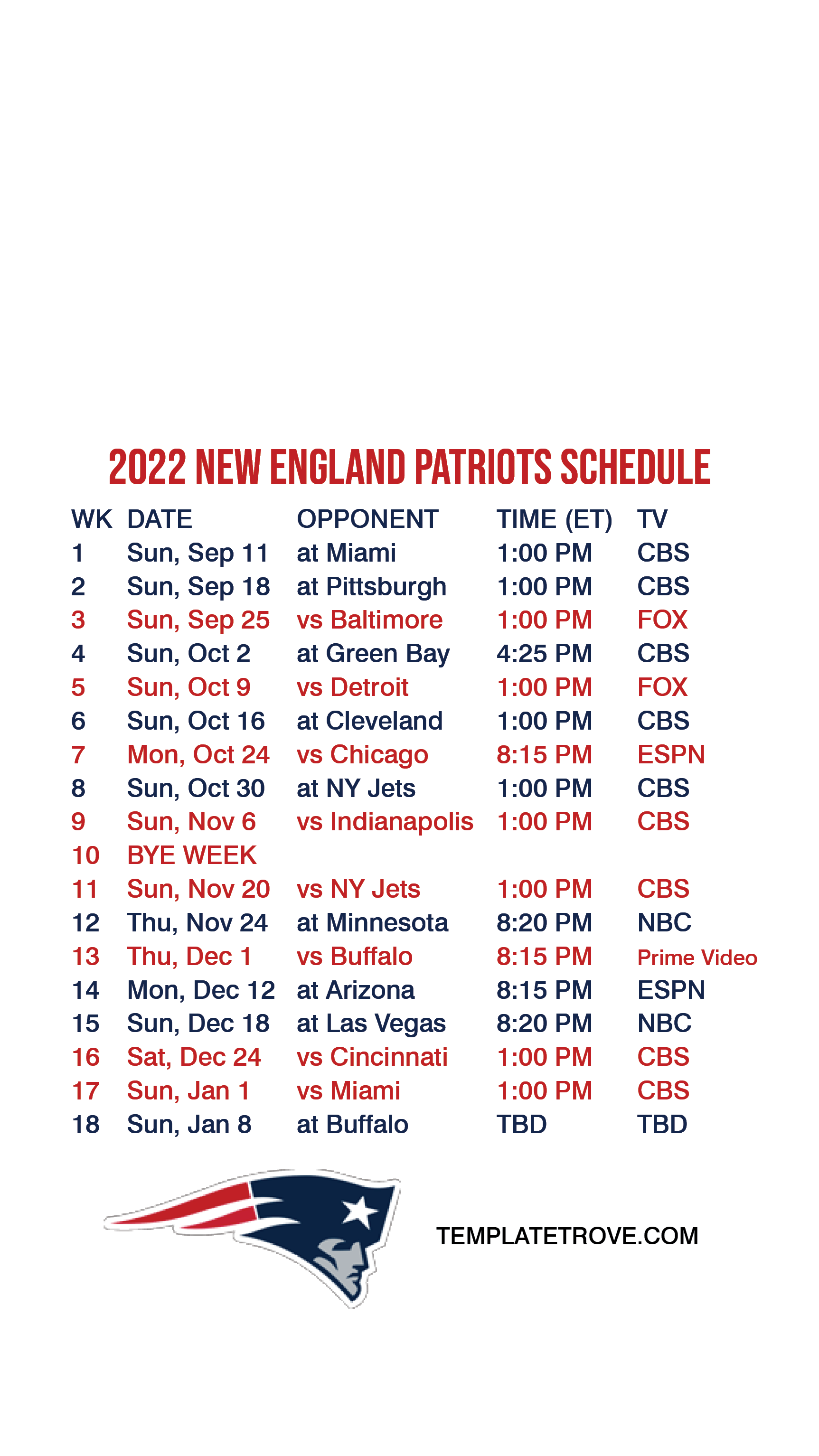 2022 patriots schedule
