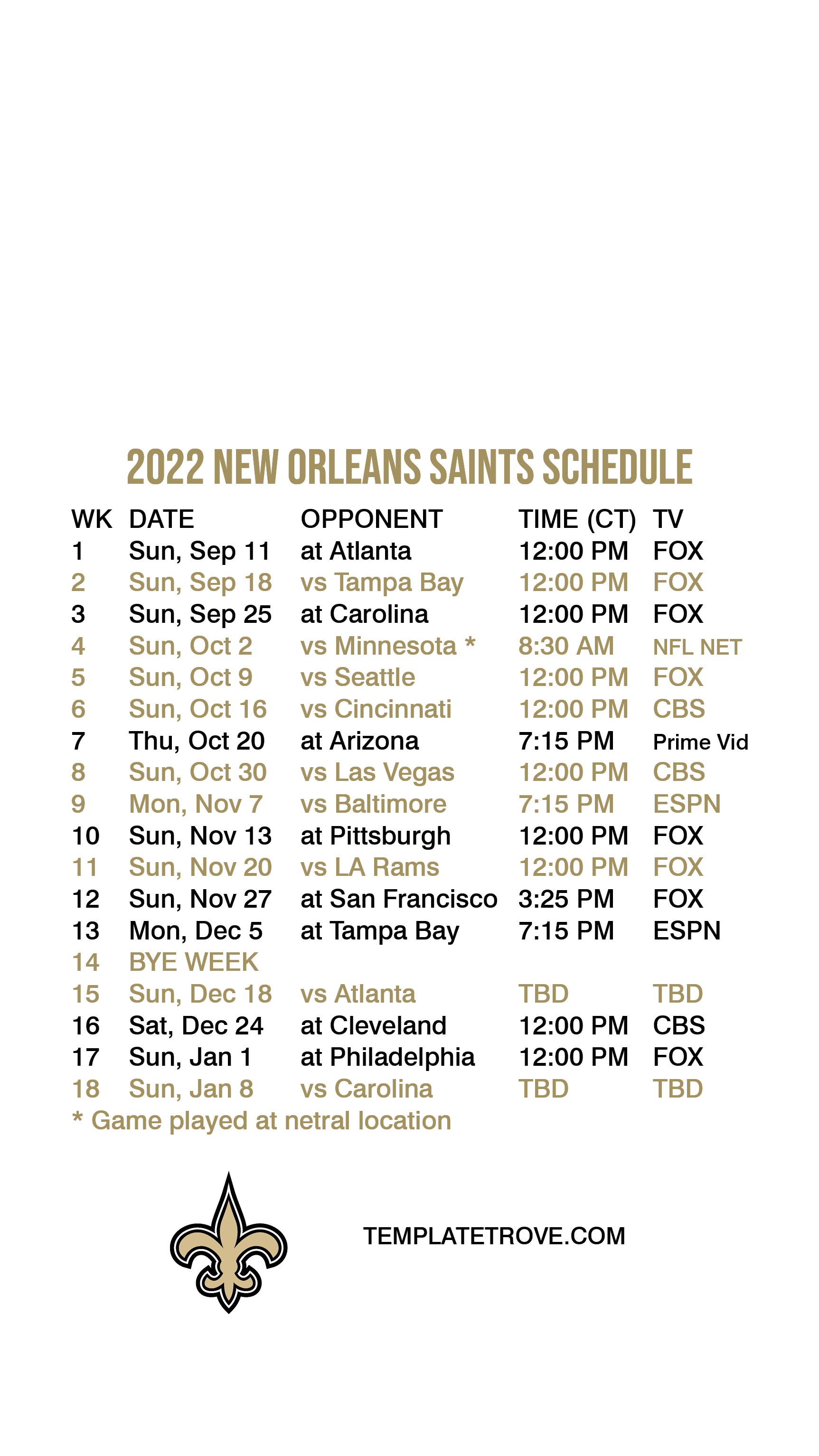 new orleans saints calendar 2022