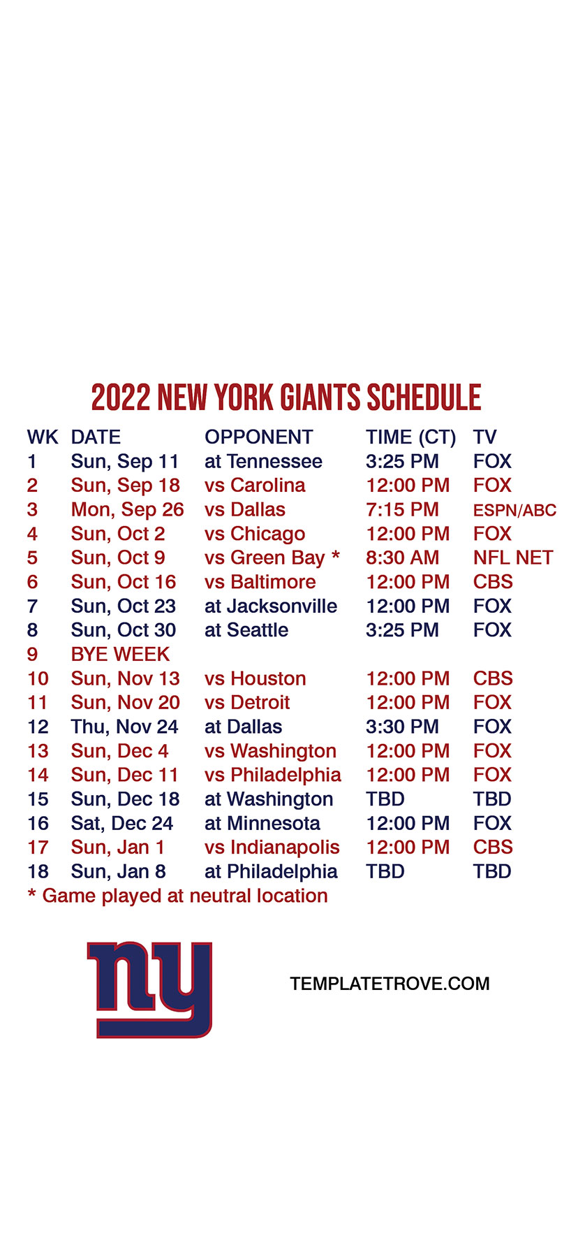 2022-2023 New York Giants Lock Screen Schedule for iPhone 6-7-8 Plus