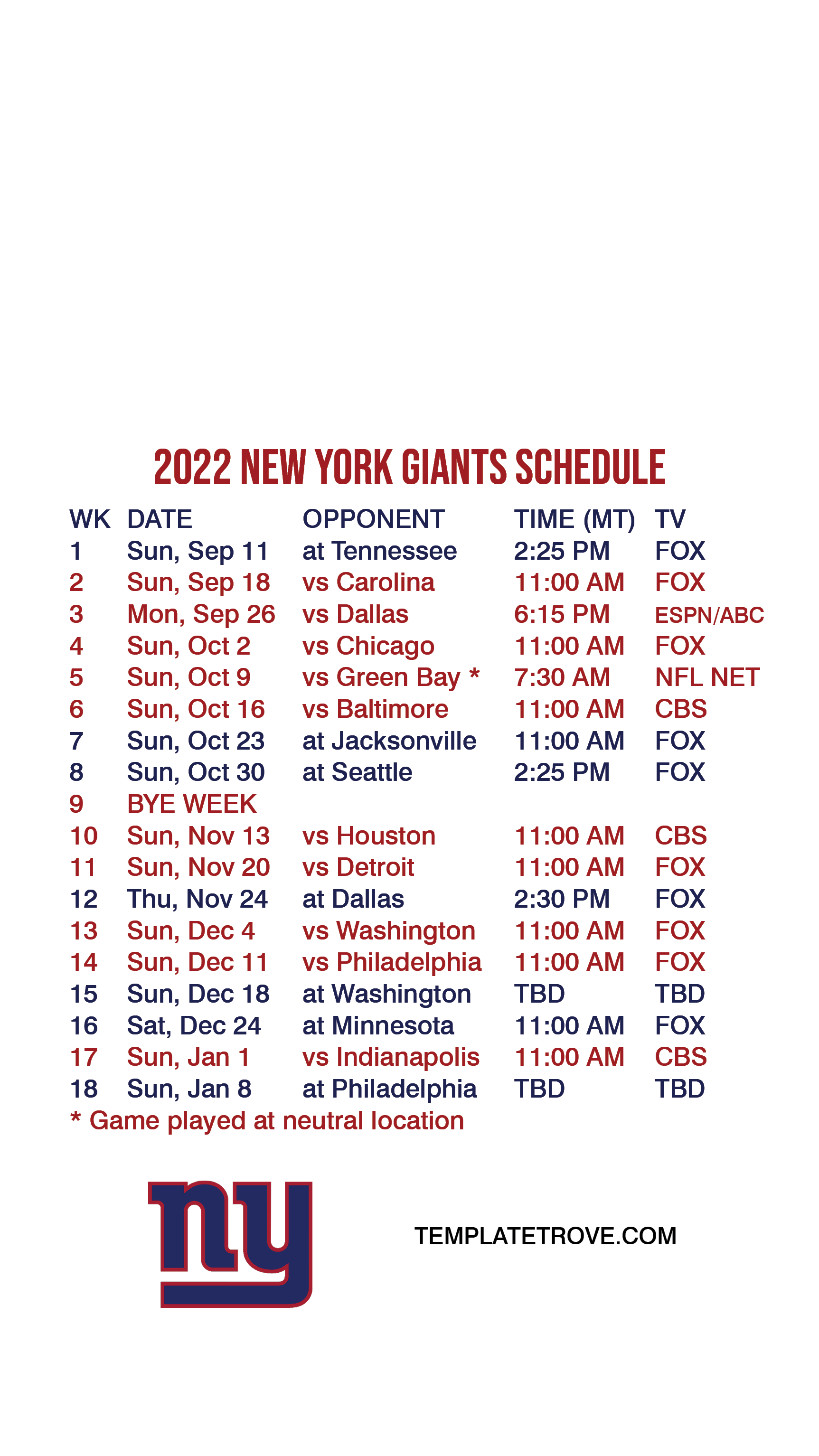2022-2023 New York Giants Lock Screen Schedule for iPhone 6-7-8 Plus