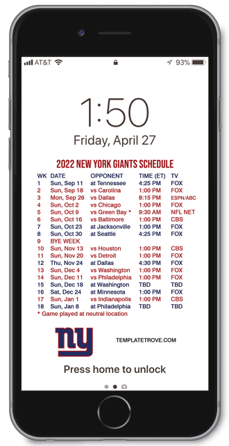2022 New York Giants Lock Screen Schedule