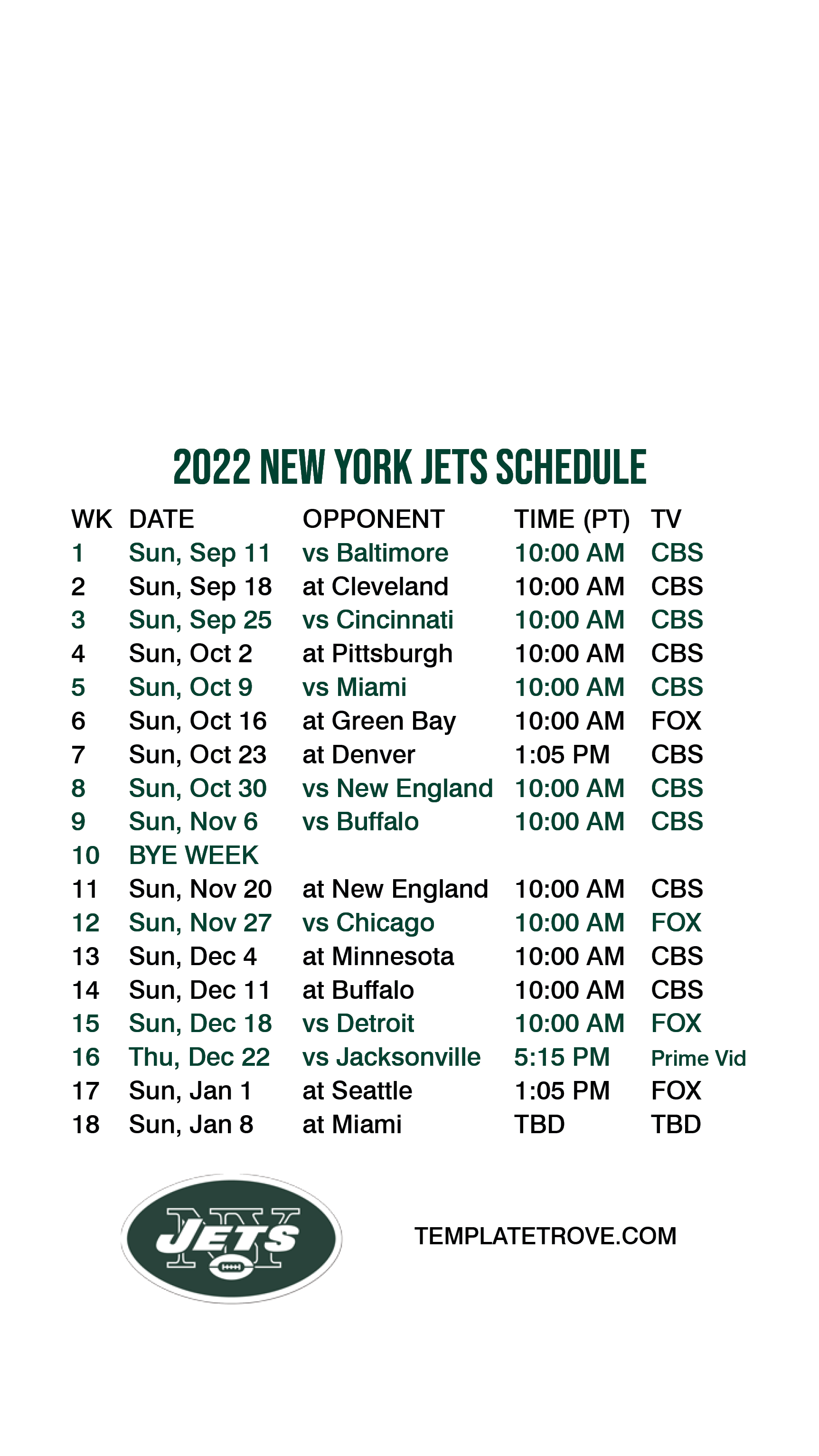 new york jets calendar