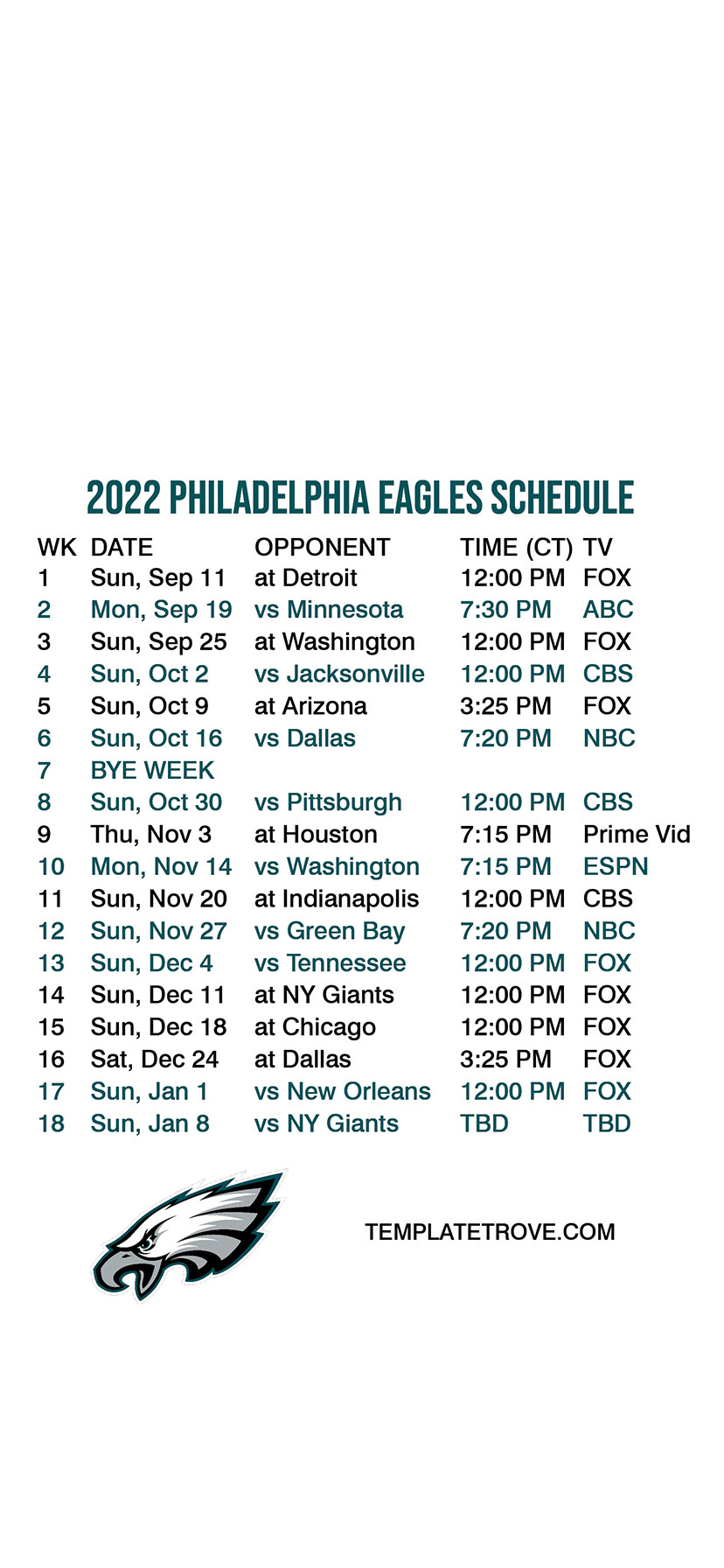 Printable 2022-2023 Philadelphia Eagles Schedule