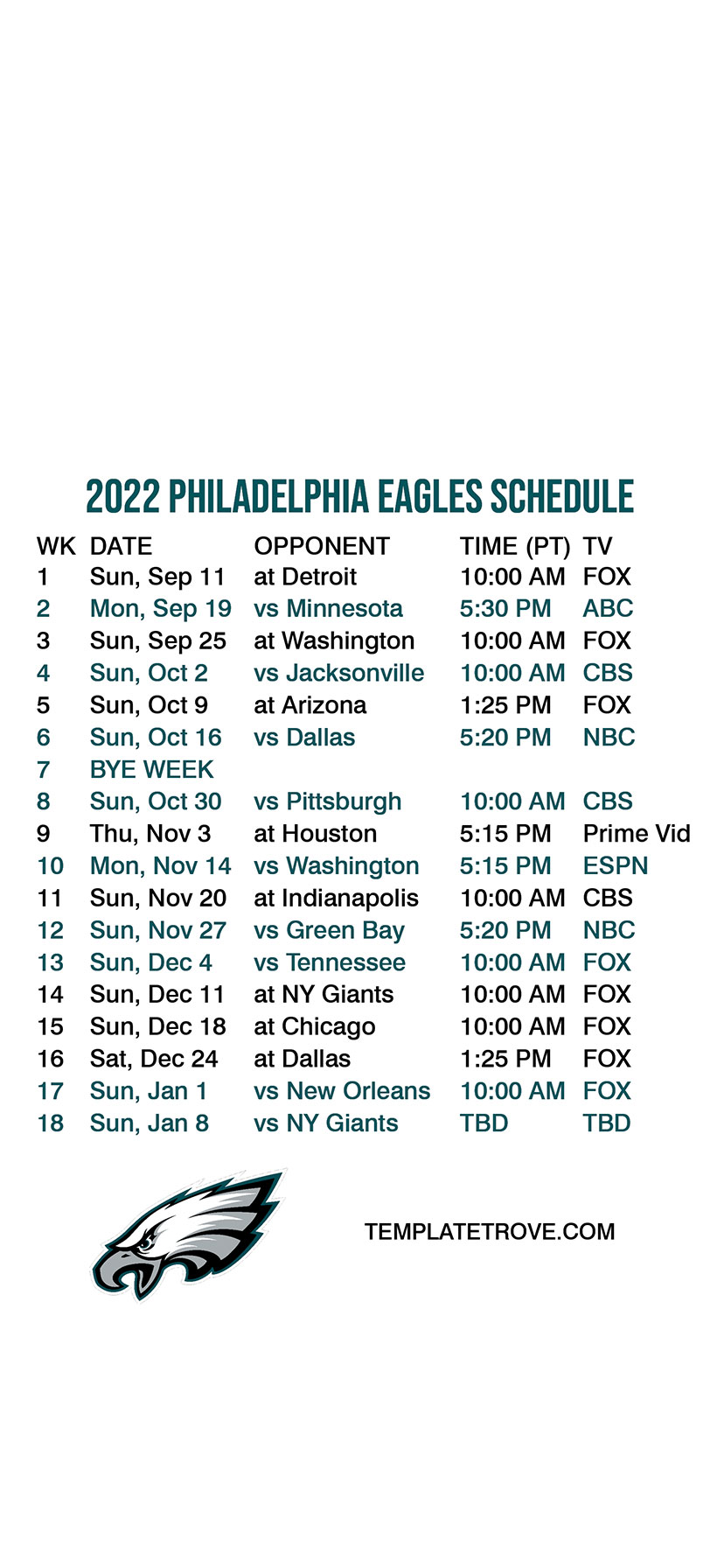 2022-2023 Philadelphia Eagles Lock Screen Schedule for iPhone 6-7-8 Plus