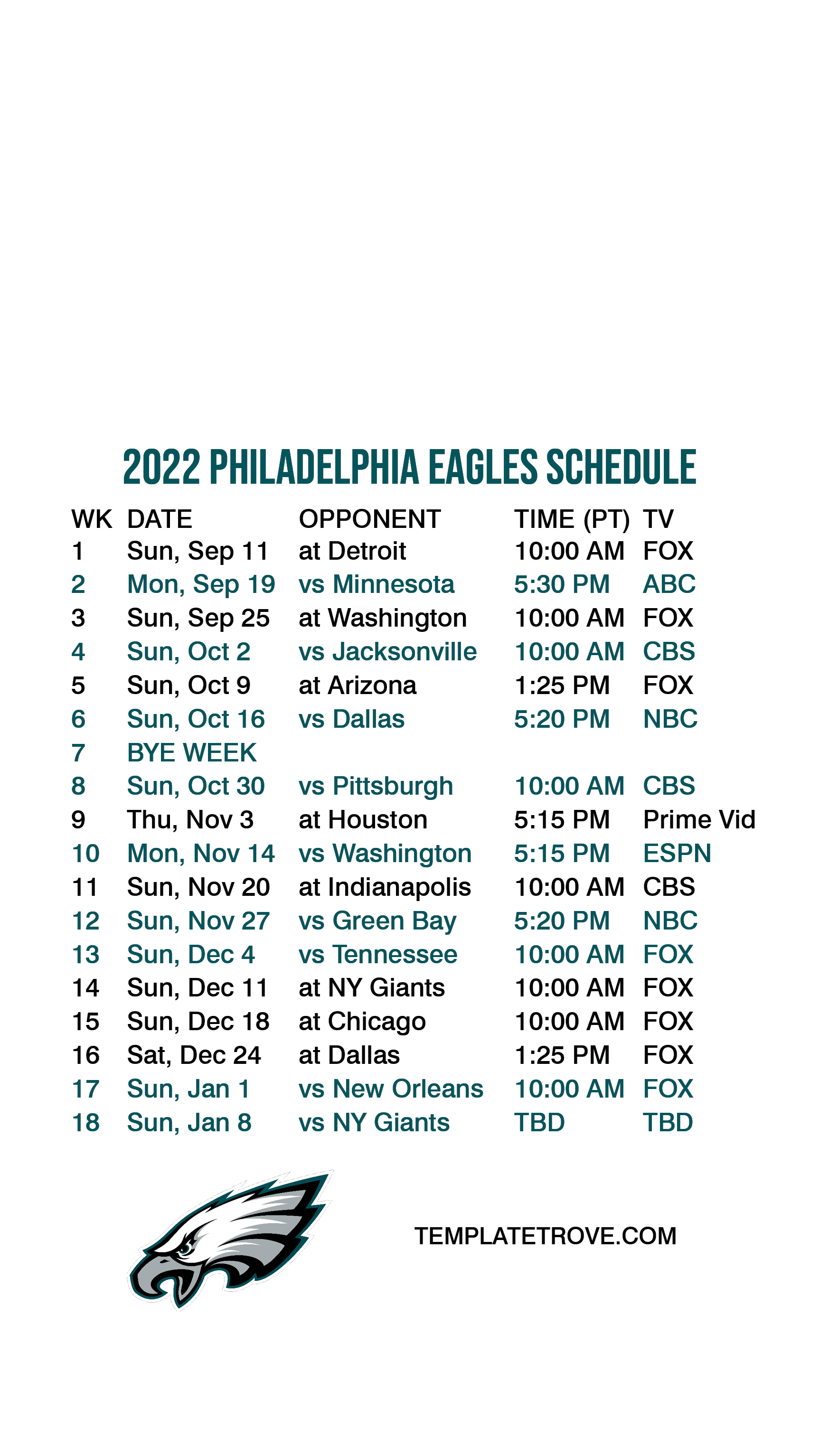 philadelphia eagles tv schedule 2022