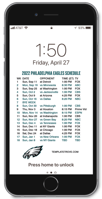 2022 Philadelphia Eagles Lock Screen Schedule
