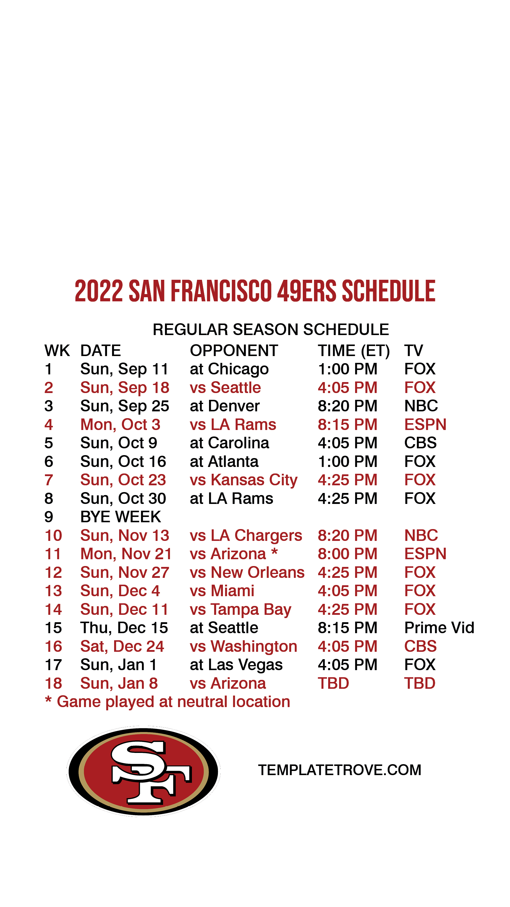 2022-2023 San Francisco 49ers Lock Screen Schedule for iPhone 6-7