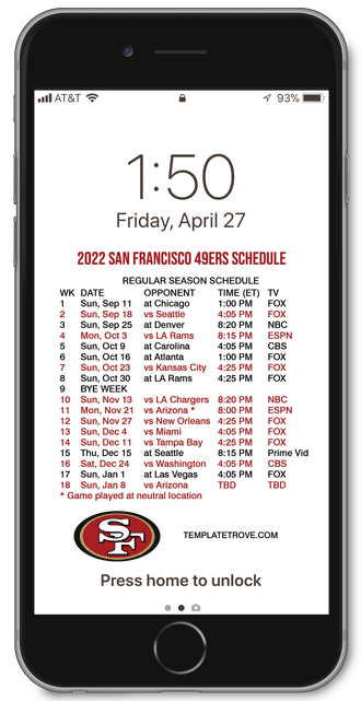 2018 San Francisco 49ers Lock Screen Schedule
