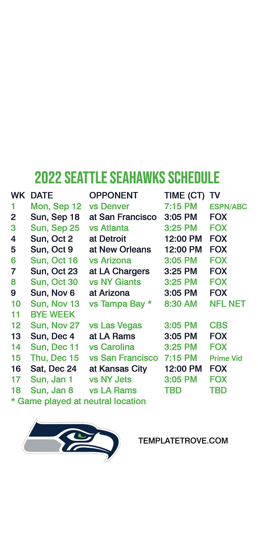 Seattle Seahawks 2022 Schedule Printable Customize and Print