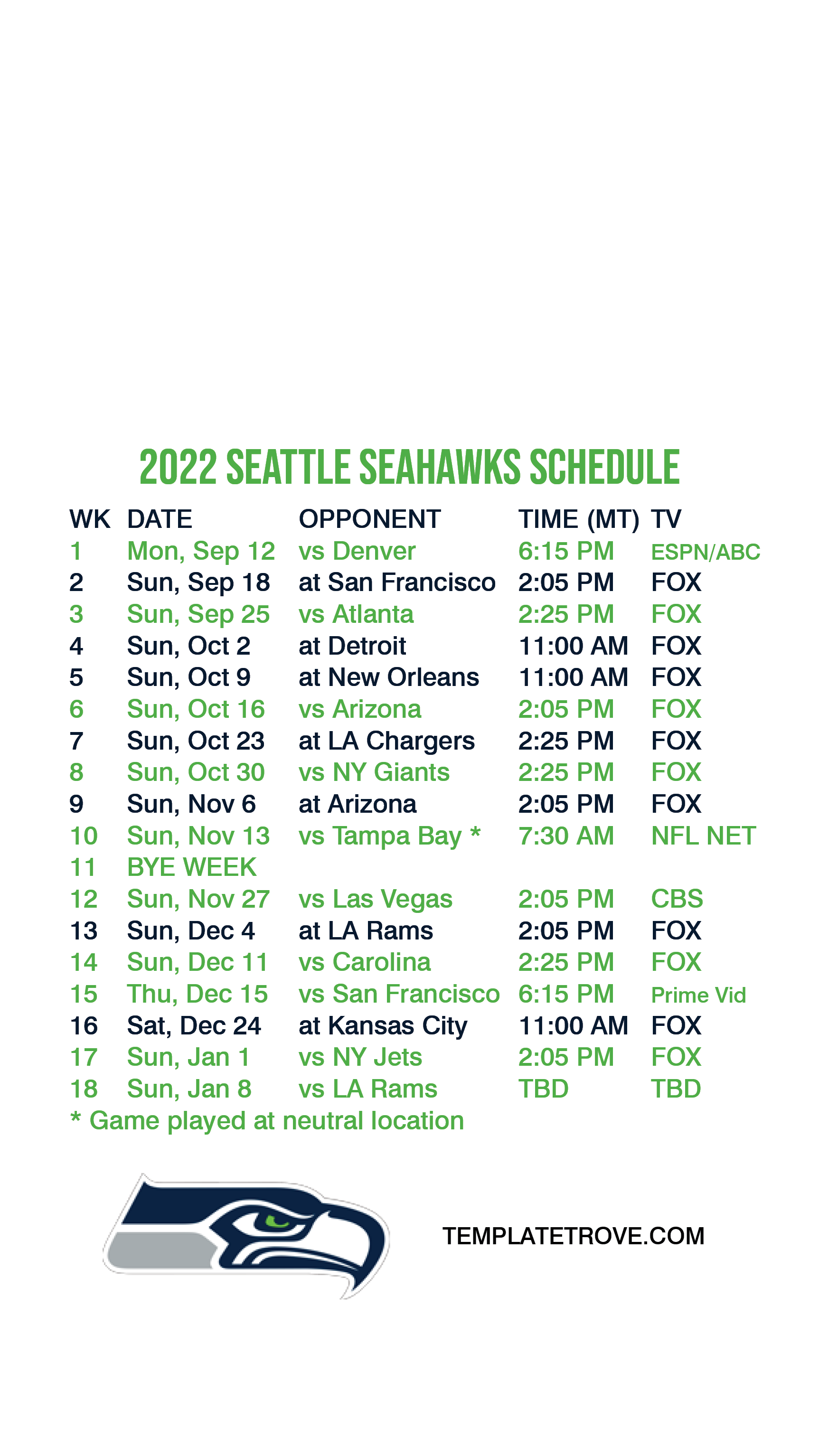 2022-2023 Seattle Seahawks Lock Screen Schedule for iPhone 6-7-8 Plus