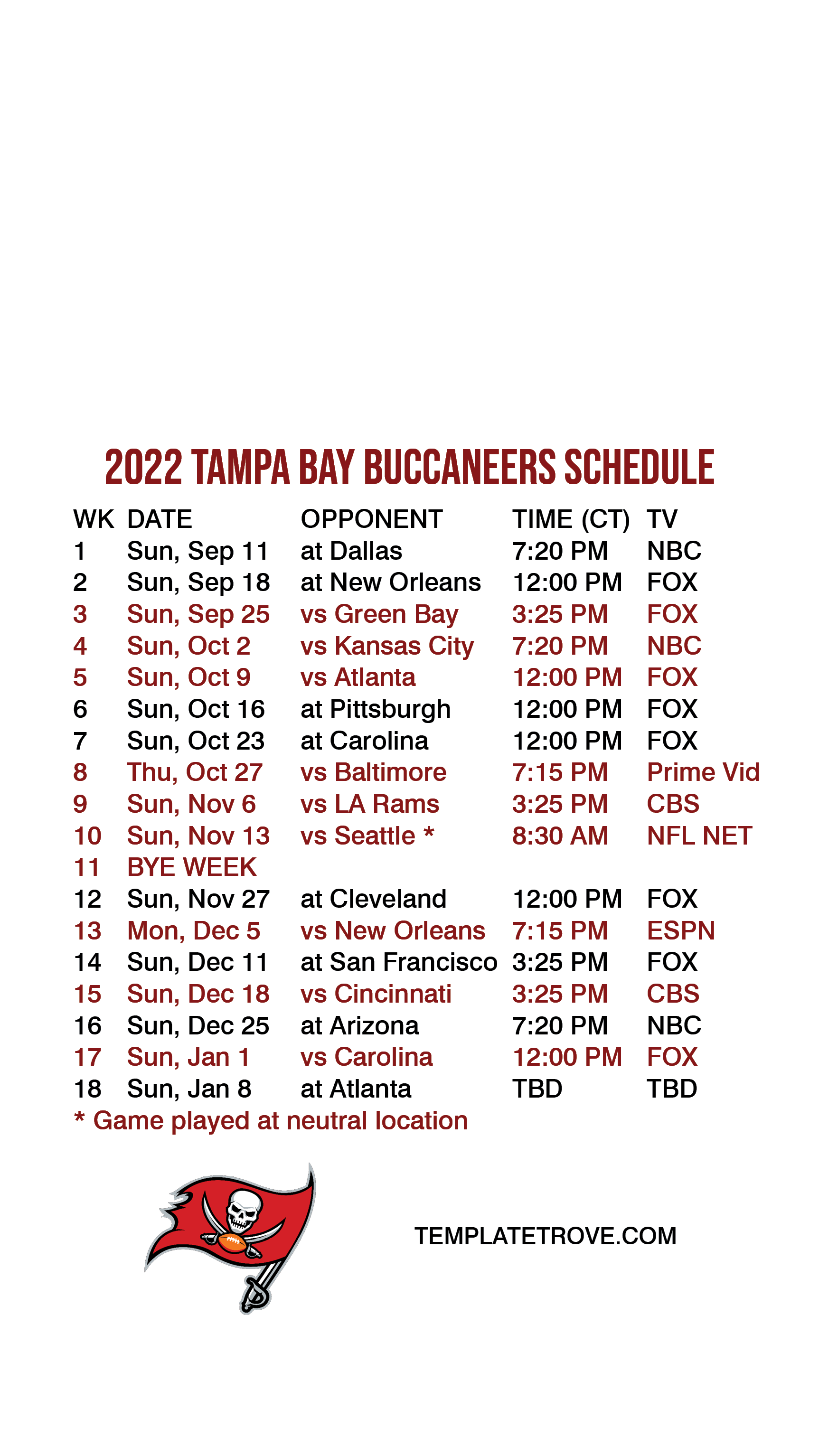 tampa buccaneers 2022 schedule